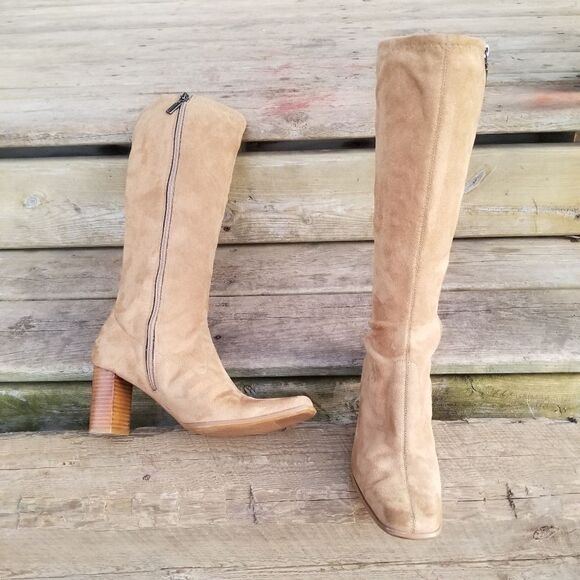 Vintage 90s y2k Candies Bratz Camel Tan Faux Suede Chunky Heel Sock Tall Boots 7 - Picture 12 of 12